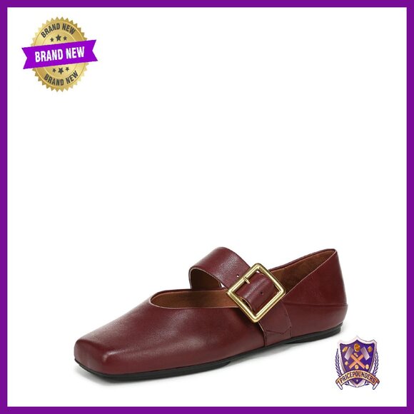 Leather Ballet Flats with Adjustable Buckle Strap Square Toe Size 7